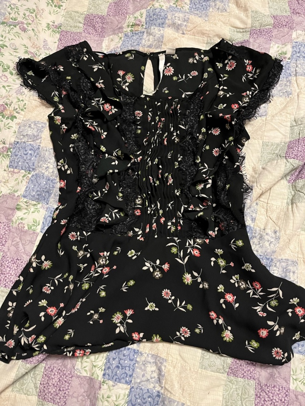 LC Lauren Conrad Black Floral Lace Ruffle Blouse